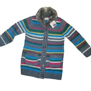 Hanna Andersson Longline Cardigan Sweater Girl's Rainbow Fur Collar 120 (6-7)